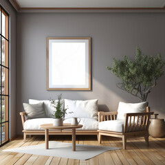 Light streams through a window in a modern living room featuring a comfortable sofa,white walls, luxury, afternoon, Interior Mockup with one white photo frames in the background