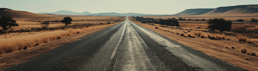 A journey unfolds on an asphalt road slicing through the golden grasses of the tranquil desert