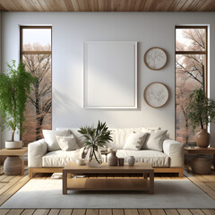 elegant family gathering lounge with comfortable grey sofa, white walls, luxury, moring, Interior Mockup with one white photo frames in the background