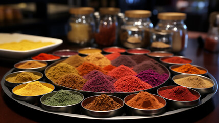 Aromatic artistry on display, a vivid spectrum of spices in a neatly organized carousel