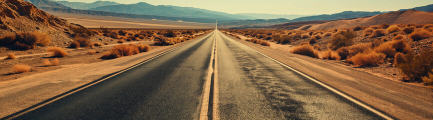 A desert road vanishes into the horizon, bordered by the rugged beauty of arid landscapes and open skies
