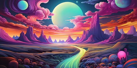 A mesmerizing artwork of a surreal road journey towards a vibrant neon moon in a stylized landscape