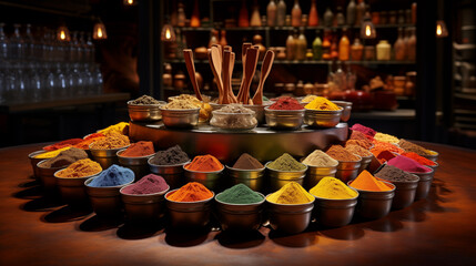 A sumptuous spread of spices in a circular array, with wooden spoons at the ready