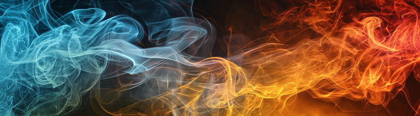 A fiery fusion of blue and orange smoke weaves a mesmerizing dance of warmth and coolness