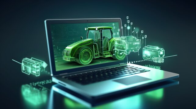 A Vector image of 3D illustration of tractor, smart farming concept on laptop advertising online farm management. Online farming control technology.