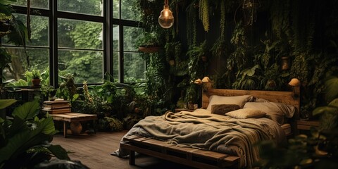 A tranquil and lush bedroom with inviting furniture and lush plants, creating an atmosphere of...