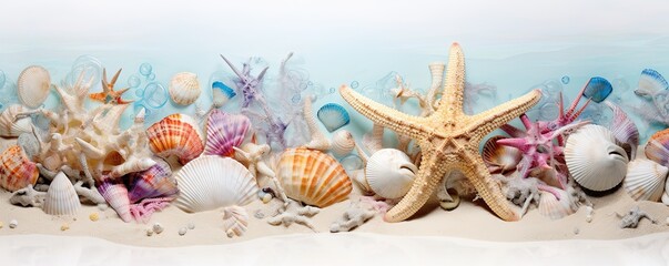 Fototapeta na wymiar A vibrant ocean community of animal invertebrates, including colorful shells and majestic starfish, dance in the salty sea breeze, celebrating the beauty of life and nature's endless