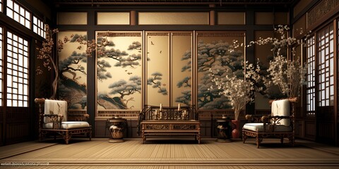 A vintage Japanese room, background. Traditional high class Japanese style room with gold style decorated walls.