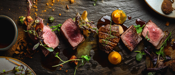 Succulent steak slices rest on a slate, accompanied by vibrant herbs and golden sauces