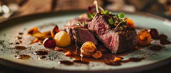 A medley of beef tenderness and roasted golden roots presented on a ceramic canvas