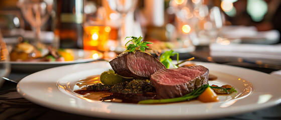 Elegantly plated beef medallions with vibrant greens, basked in the warm glow of ambient dining