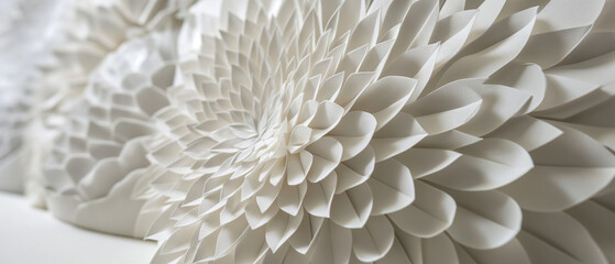 A cascade of white paper petals unfolds in a geometric dance, creating a mesmerizing floral pattern