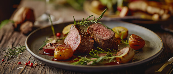 Herb-infused roast in a symphony with caramelized roots, capturing the essence of gourmet countryside cuisine