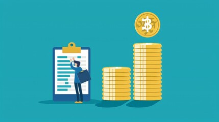 A character appears pushing a large coin towards a stack of coins a clipboard of data floated beside the stack of coins.