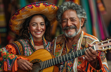 Joyful musicians in traditional Mexican attire with a guitar, sharing a moment of cultural celebration. - obrazy, fototapety, plakaty
