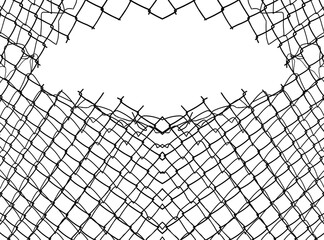 Opening in metallic net fence. isolated on white background. Challenge. uncertainty. breakthrough concept. freedom concept. Chainlink, wire netting, wire-mesh. illustration.