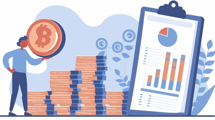 Obraz premium A character appears pushing a large coin towards a stack of coins a clipboard of data floated beside the stack of coins.