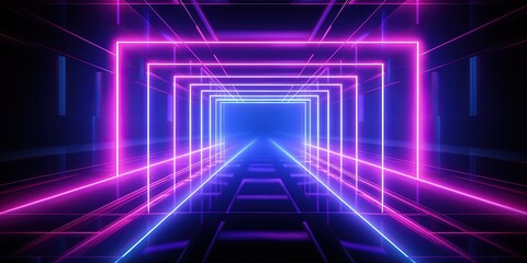 Abstract neon light geometric background. Glowing neon lines. Empty futuristic stage laser. Colorful rectangular laser lines. Square tunnel. Night club empty room.