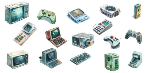 Set of watercolor technology equipment on white background.