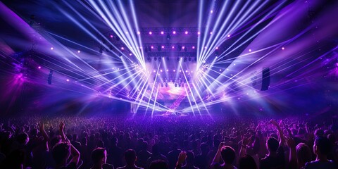 Arena or Stadium concert with center stage, illuminated with purple lasers. Cheering and excited...