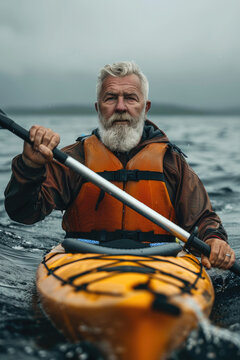 Courageous Man Kayaking Adventure.,Active elder people, Adventure