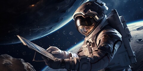 Astronaut in outer space showing information on tablet