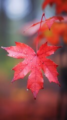 A Red maple leaves on a humid morning. Natural light. Close-up.
