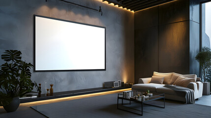 3D Render of Empty Living Room with Television Interior Mockup with one white picture frame on background