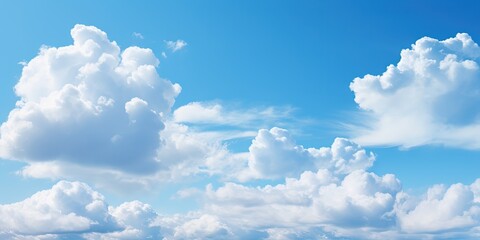 Beautiful blue sky and white cumulus clouds abstract background. Cloudscape background. Blue sky and fluffy white clouds on sunny days. Blue sky and daylight. - obrazy, fototapety, plakaty