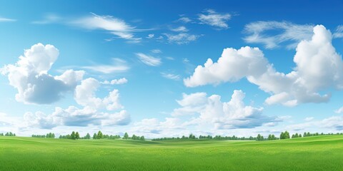 Beautiful grassy fields and summer blue sky with fluffy white clouds in the wind. Wide format.