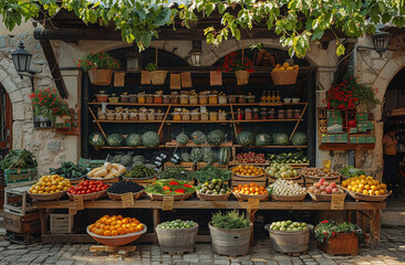 Fototapeta premium Traditional outdoor market with fresh fruits and vegetables on display in rustic wooden baskets under a vine-covered awning.