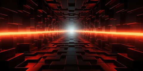 Breakthrough concept. Black maze like sci-fi style corridor or shaft background with red orange glow ahead. Abstract Exit or goal concept.