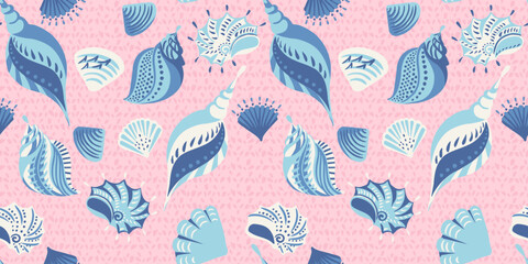 Fototapeta premium Cute seamless pattern with abstract artistic sea shells. Pastel pink marine background printing. Vector hand drawn sketch. Template for designs, notebook cover, wrapping paper, children textiles