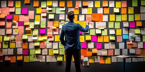 Business man looking at wall full of post it notes