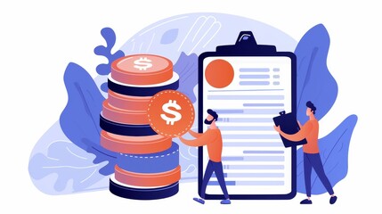 A character appears pushing a large coin towards a stack of coins a clipboard of data floated beside the stack of coins.