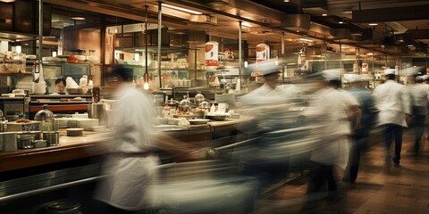 Fototapeta na wymiar Busy Japanese restaurant. staff in motion.