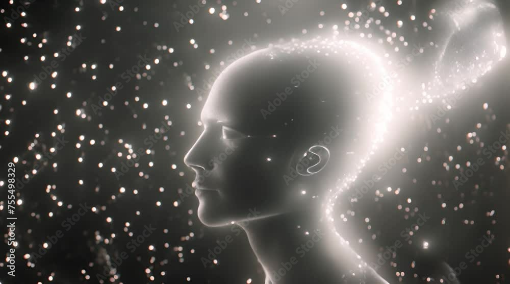 Poster digital human face concept with cosmic background with ai generated.