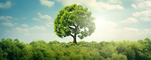 CO2 reducing icon with tree on greenery background for decrease CO2 , carbon footprint and carbon credit to limit global warming from climate change, Bio Circular Green Economy concept - obrazy, fototapety, plakaty