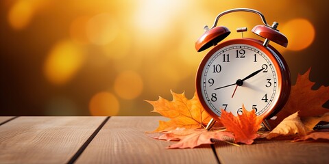 Daylight Saving Time. Alarm clock and orange color leaves on wooden table. Autumn time. Fall time...