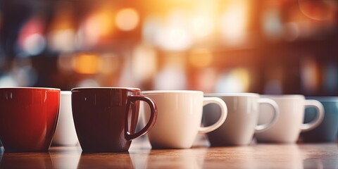 Defocused Coffee shop background with focus on mugs - obrazy, fototapety, plakaty