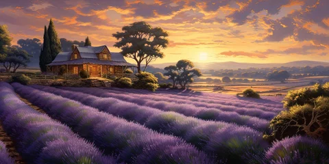 Zelfklevend Fotobehang Early morning light bathes a rural house amidst a fragrant field of blooming lavender, creating a dreamy landscape © Viacheslav