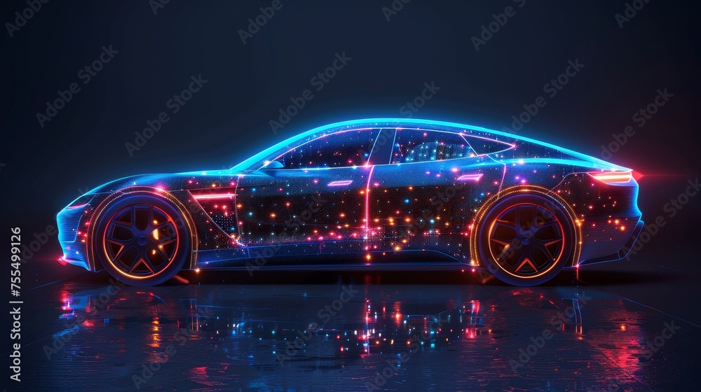 Poster Future autonomous vehicle with touch sensors for safe driving. Holographic silhouette of a transport vehicle in a futuristic style.