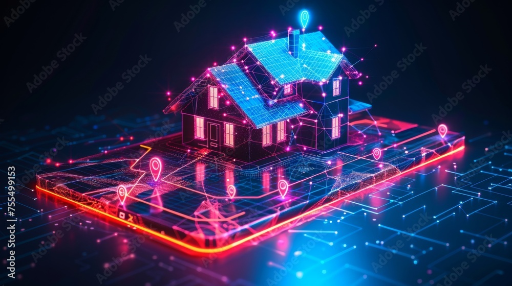 Aufkleber abstract mobile phone with pin icon and house. delivery tracking concept. geometric background. wire