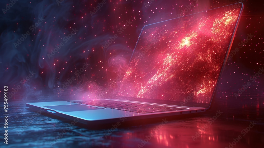 Poster Light effect of beam of light coming from open laptop, e-book or e-learning concept. Modern illustration.