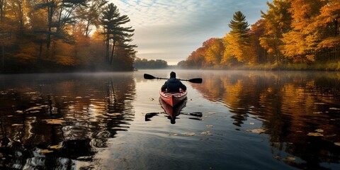 entering fall territory. quiet kayakking. - obrazy, fototapety, plakaty