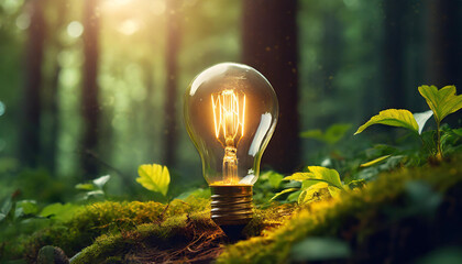 Glowing light bulb in dark green forest. Renewable energy source. Natural background.