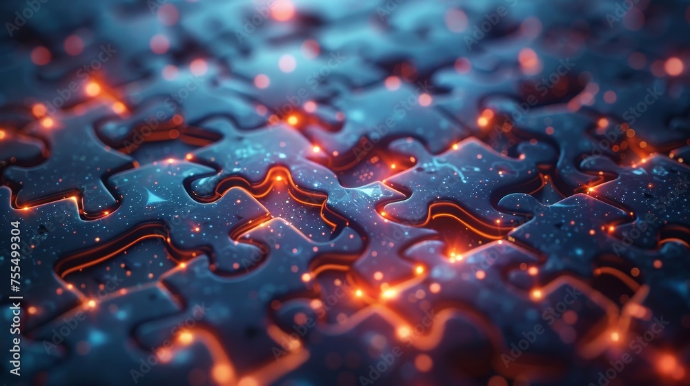 Poster this futuristic puzzle illustrates a strategy that involves combining parts to achieve a goal. the c