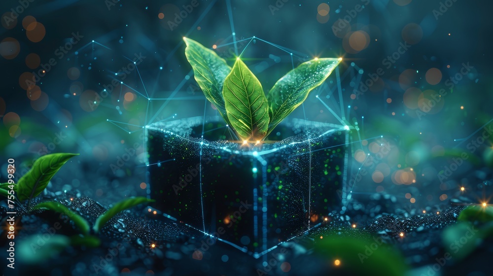 Leinwandbilder abstract open box and green leaves in circle. vegan food symbol. geometric background. wireframe lig