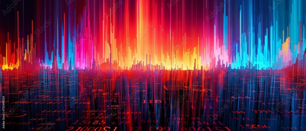 Poster real estate investing and trading concept on business skyscrapers with graph data and digital stock 