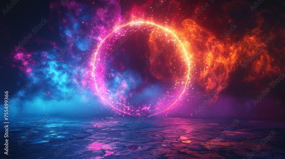 Poster a circular light effect with a glowing spiral rotation. an energy-filled whirlwind. illustration of 